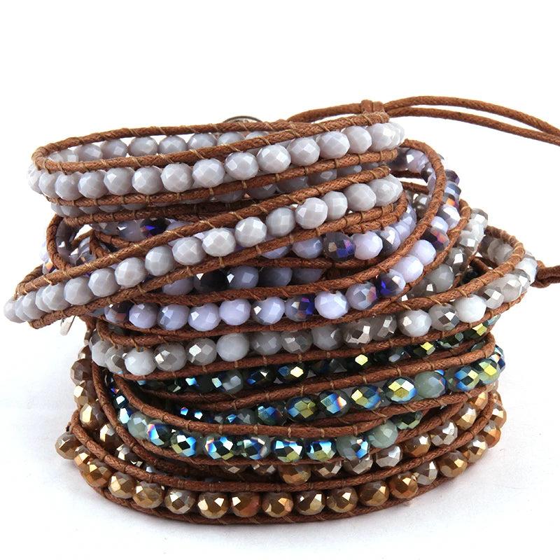 Glass Crystal Long Wrap Bracelet 3 Wraps Leather Bracelet For Women
