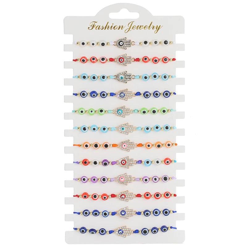 12pcs Colorful Glass Beaded Eye Hand Charm Bracelets Sets
