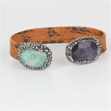 Brown Leather Purple Semi Precious Bead Cuff Bangle Bracelet