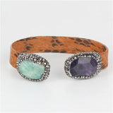 Brown Leather Purple Semi Precious Bead Cuff Bangle Bracelet