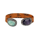 Brown Leather Purple Semi Precious Bead Cuff Bangle Bracelet