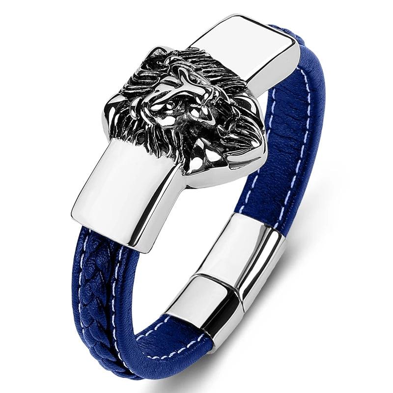 Men's Braided Leather Bracelet with Stainless Steel Lion Head - Punk Style