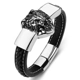 Men's Braided Leather Bracelet with Stainless Steel Lion Head - Punk Style