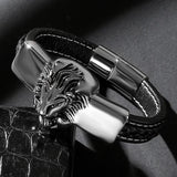 Men's Braided Leather Bracelet with Stainless Steel Lion Head - Punk Style