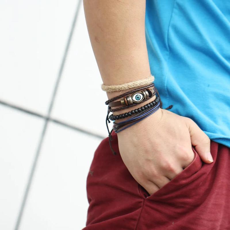 European American Retro Eyes Leather Beaded Bracelet Men's Bracelet