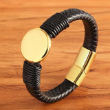 Classic Coin Pattern Steel Men's Leather Bracelet High Bangle