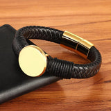 Classic Coin Pattern Steel Men's Leather Bracelet High Bangle