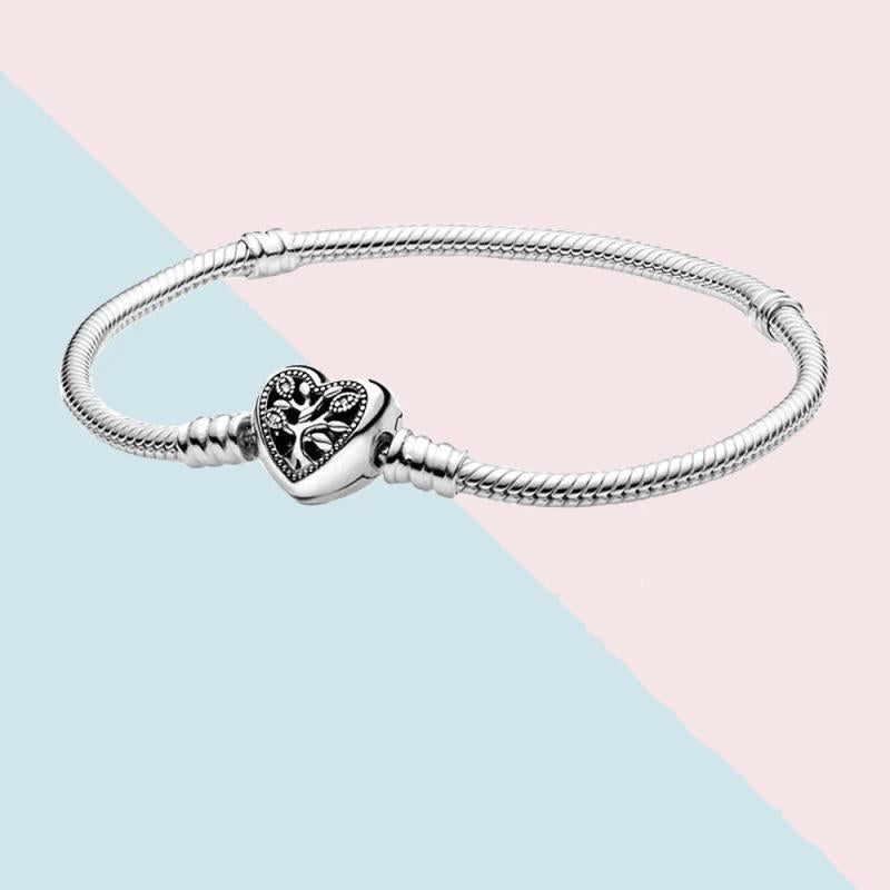925 Silver Family Tree Snake Chain Bangle Bracelet Women Beads Jewelry DIY