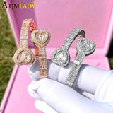 Baguette CZ Heart Bracelet Silver Bangle Hiphop Jewelry