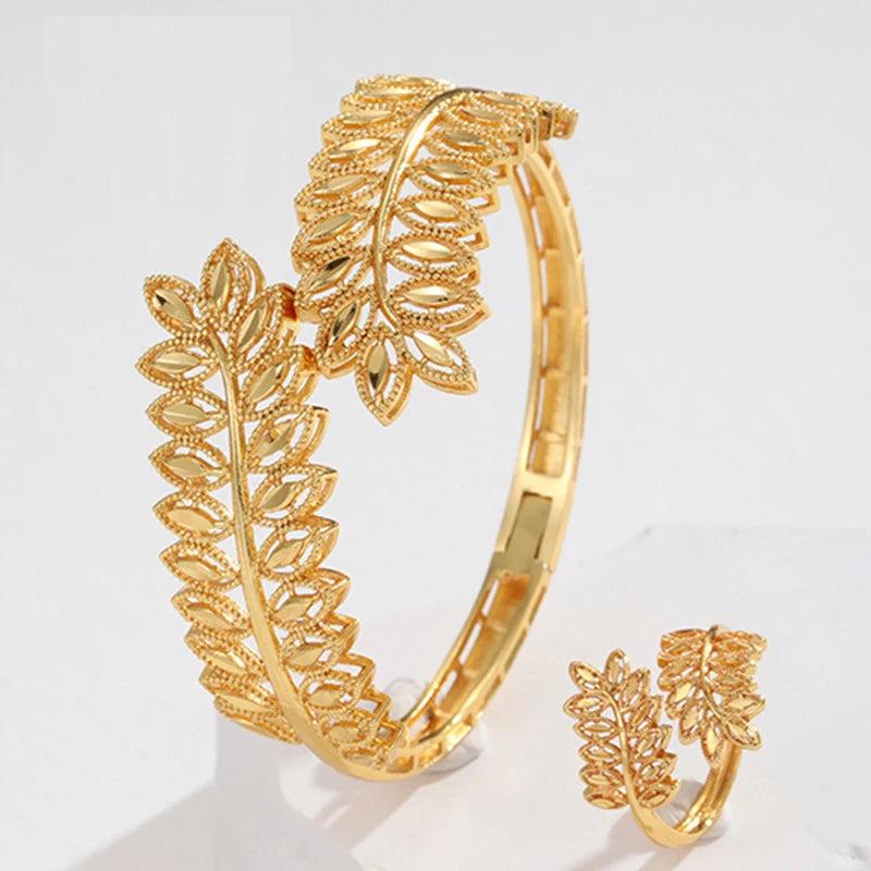 Copper Plating Bracelet Ring Saudi Bangle Leaves Cuff Arabic Jewelry