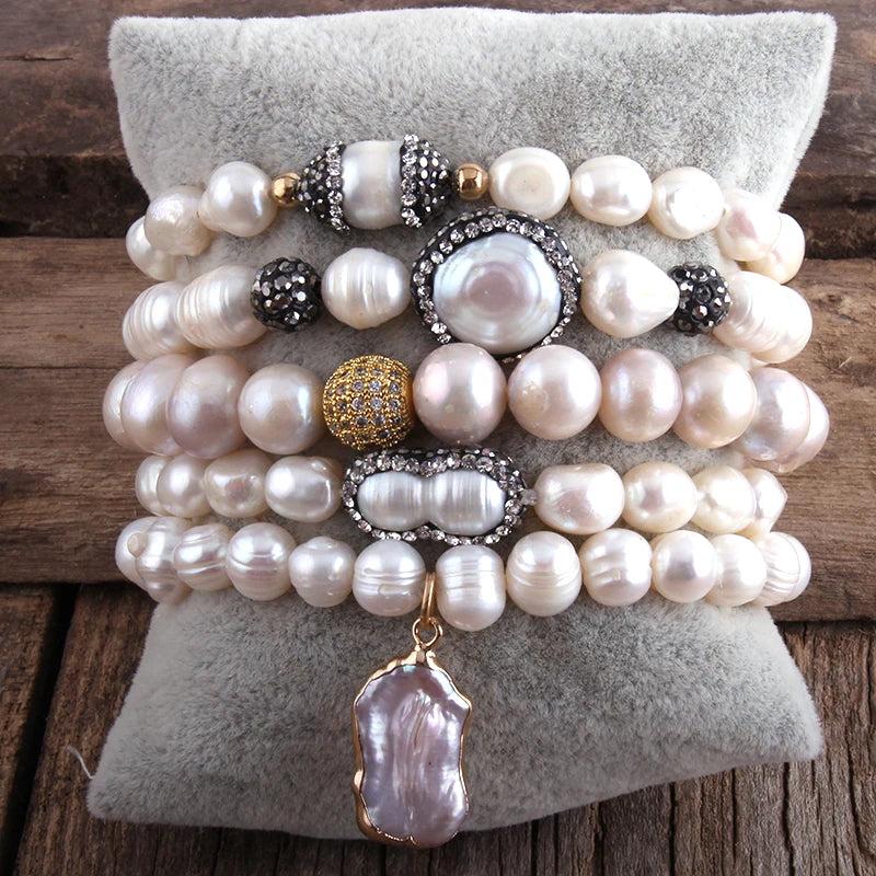 Boho Pearl Beaded Bracelet Set with Freshwater Pearls - 5pc Set