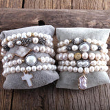 Boho Pearl Beaded Bracelet Set with Freshwater Pearls - 5pc Set