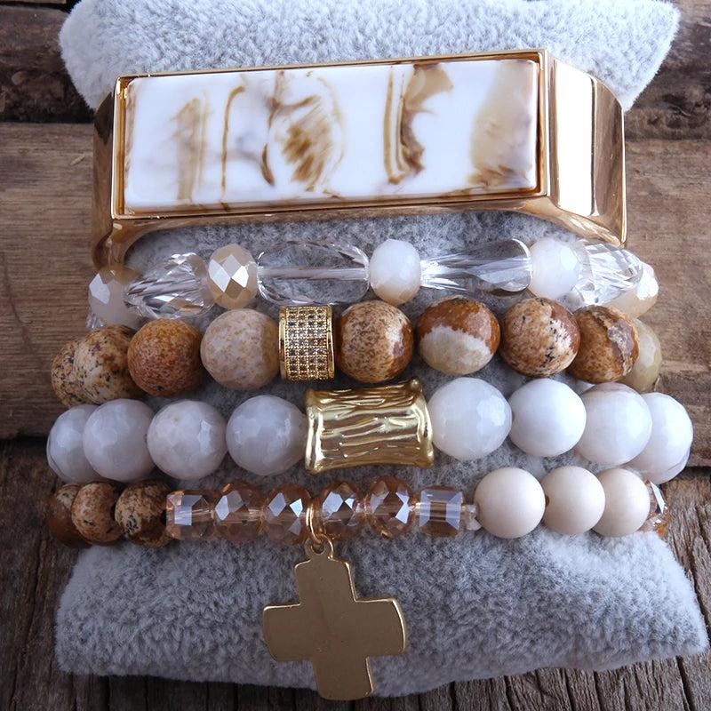 Boho Beaded Bracelet Stone Crystal 5pc Set Women Jewelry Gift