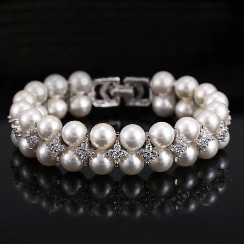 Simulated Double Pearl Wedding Bracelet with Zirconia BR066