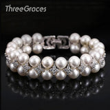Simulated Double Pearl Wedding Bracelet with Zirconia BR066
