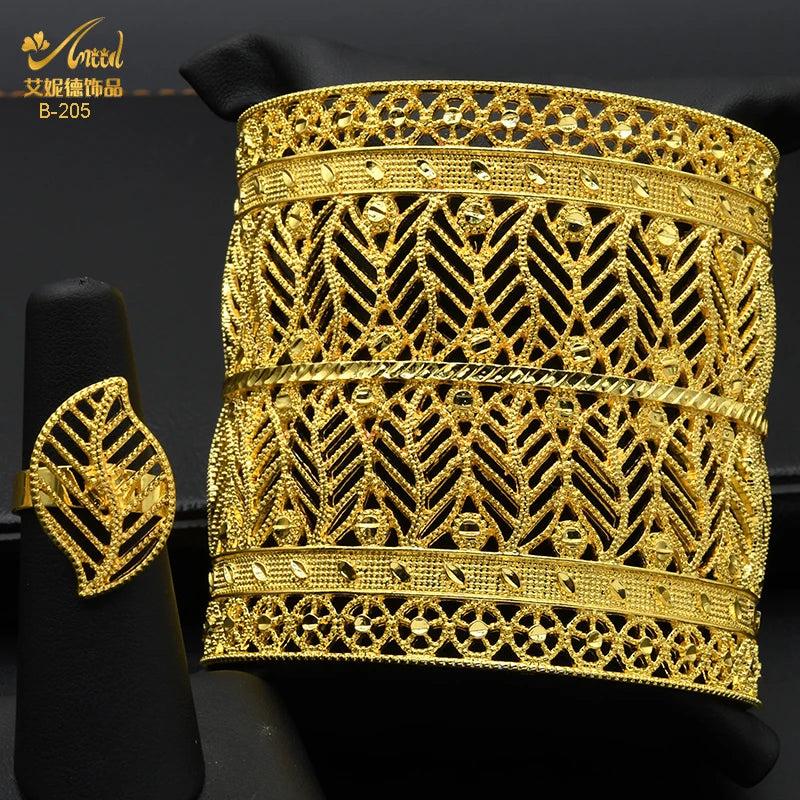 Dubai Bangle With Ring For Women African Plated Cuff Bracelet
