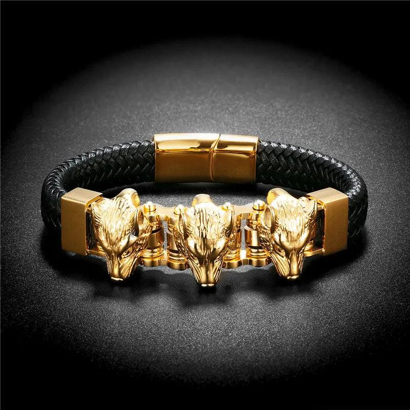 Men's Punk Leather Bracelet with 3 Wolf Head Stainless Steel