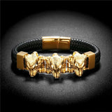 Men's Punk Leather Bracelet with 3 Wolf Head Stainless Steel