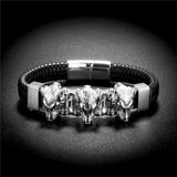 Men's Punk Leather Bracelet with 3 Wolf Head Stainless Steel