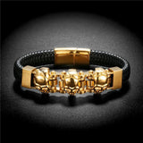 Men's Punk Leather Bracelet with 3 Wolf Head Stainless Steel