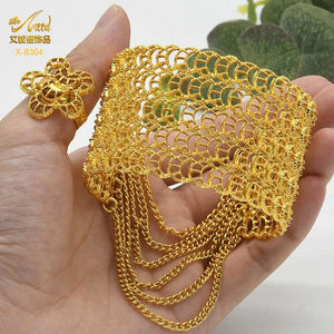 24K Dubai Woman Bracelet Tassels Cuff with Ring Bridal Bangles