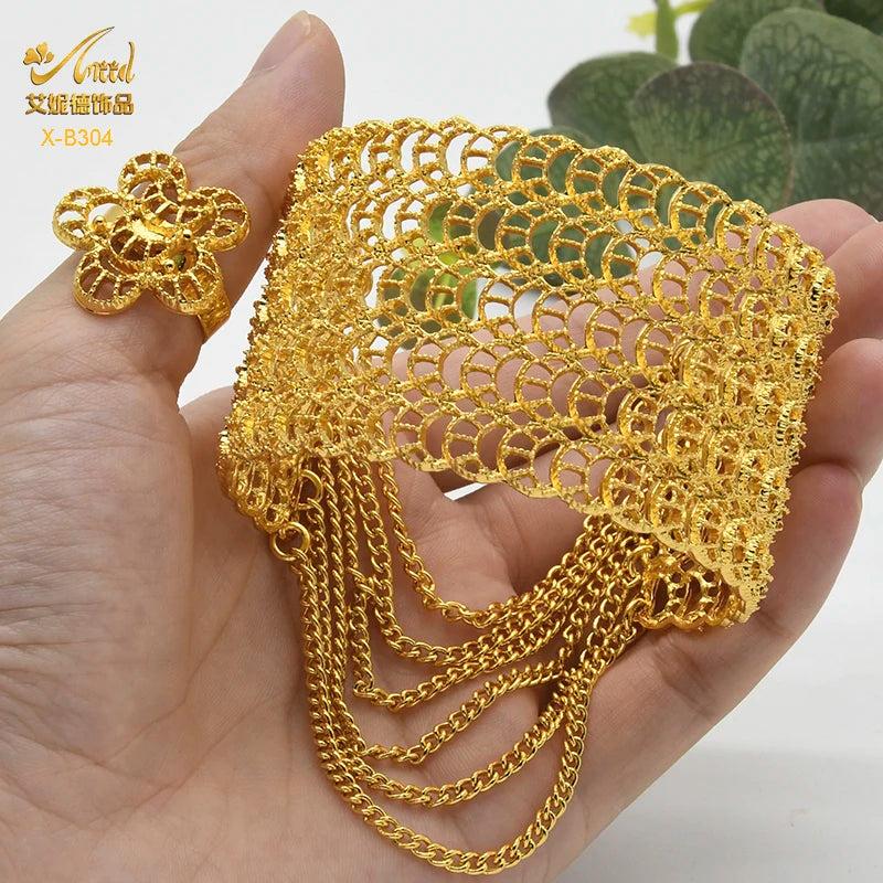 24K Dubai Woman Bracelet Tassels Cuff with Ring Bridal Bangles