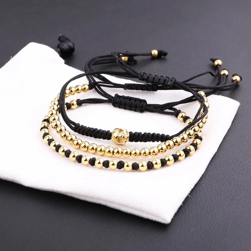 Stainless Steel Beads Skull Macrame Bracelet Set