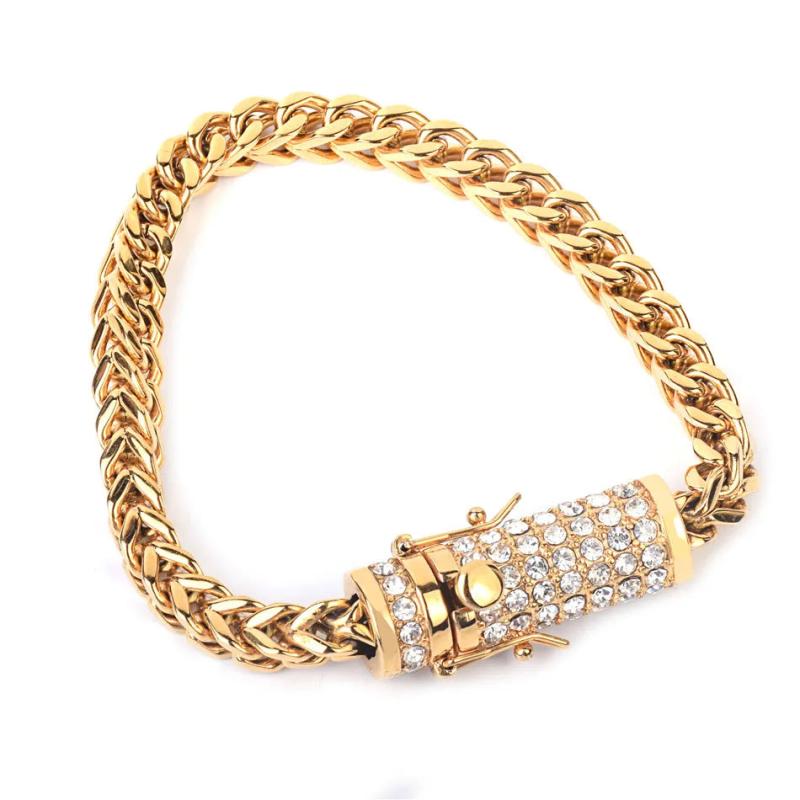 Stainless Steel Franco Link Bracelet Hip hop Rhinestone Chain 21cm