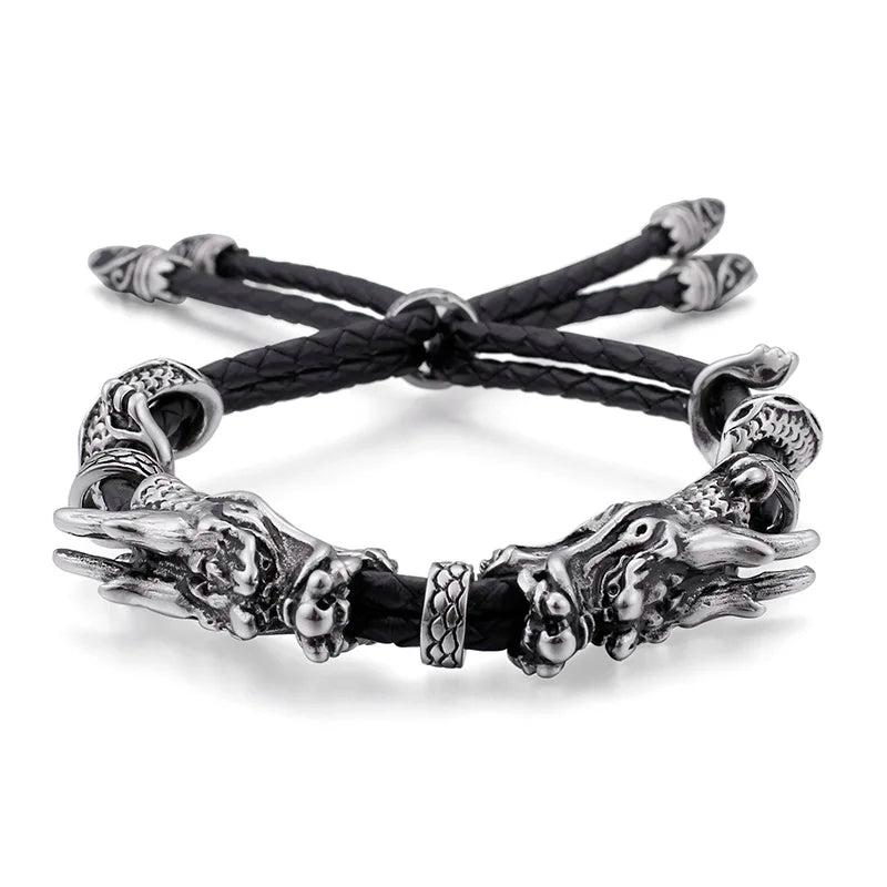 Fongten Stainless Steel Men Dragon Bracelet with Leather Rope Strap