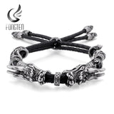 Fongten Stainless Steel Men Dragon Bracelet with Leather Rope Strap