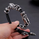 Fongten Stainless Steel Men Dragon Bracelet with Leather Rope Strap
