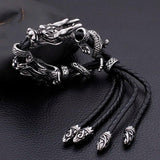 Fongten Stainless Steel Men Dragon Bracelet with Leather Rope Strap
