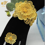 Dubai Plated Flower Cuff Bangles With Ring Bridal Wedding Bracelet Jewelry