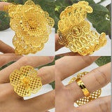Dubai Plated Flower Cuff Bangles With Ring Bridal Wedding Bracelet Jewelry