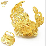 Dubai Plated Flower Cuff Bangles With Ring Bridal Wedding Bracelet Jewelry