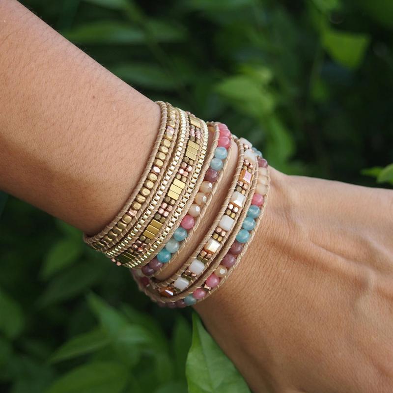 Boho Gemstone Leather 5 Wrap Bracelet