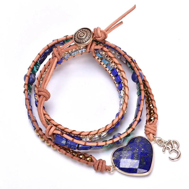 Lapis Lazuli Crystal Beaded Leather Wrap Bracelet for Women