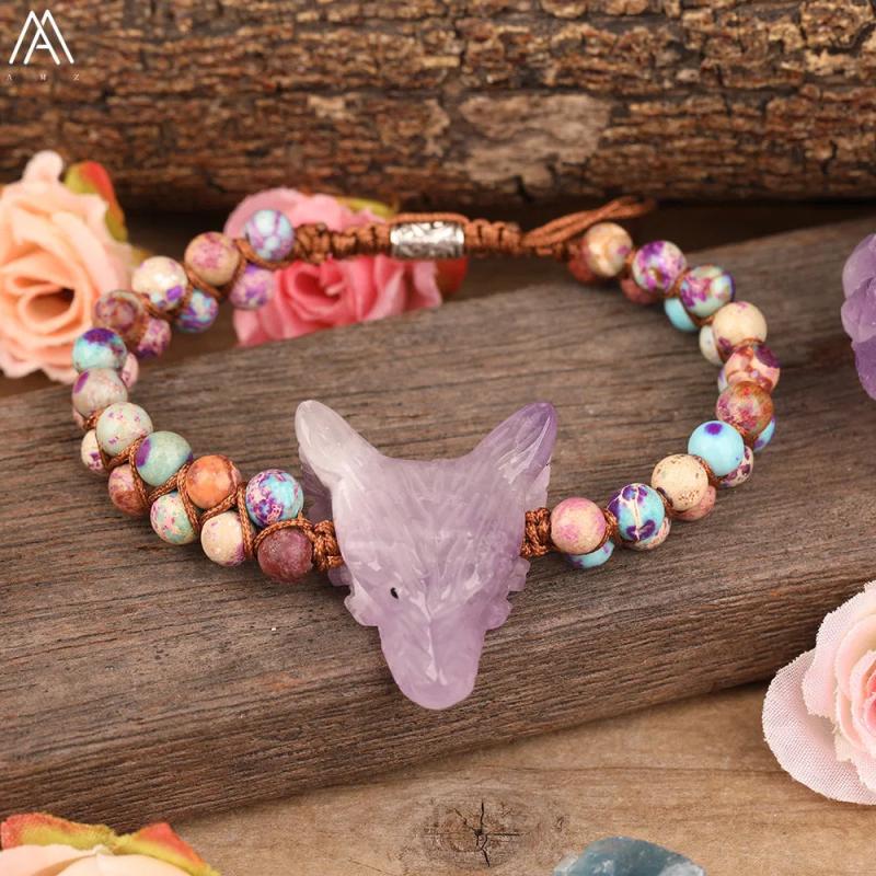 Wolf Head Beads Braided Bracelet Women Quartz Stone Adjustable