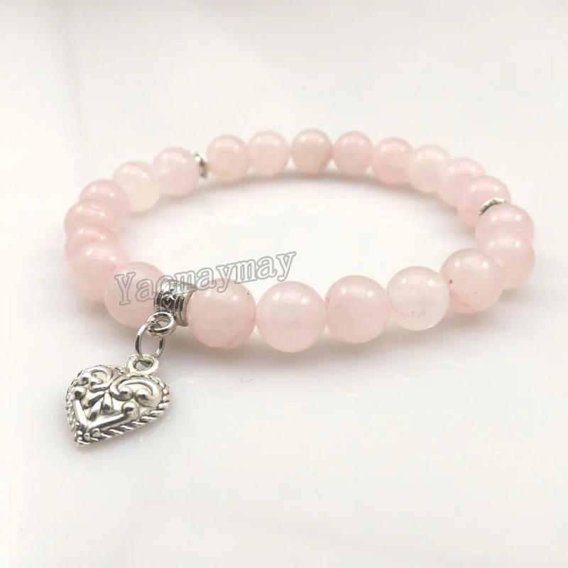 Rose Quarts Heart Pendant Bracelets 8mm Beads Retro Style Lot of 12