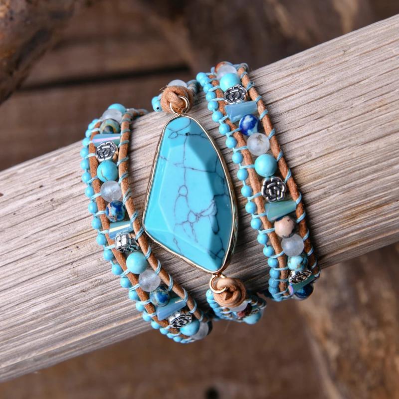 Women Turquoise Leather Wrap Bracelet