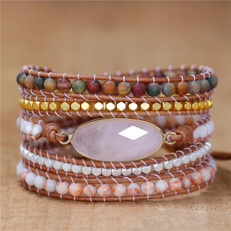 Women Rose Quartz Charm Wrap Bracelet Leather Strap Boho Jewelry