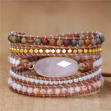 Women Rose Quartz Charm Wrap Bracelet Leather Strap Boho Jewelry