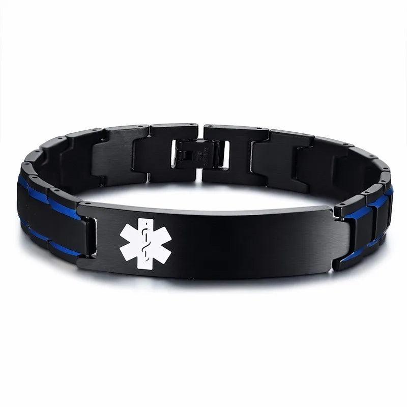 12mm Medical Alert ID Bracelet Stainless Steel for Men Type 1 Diabetes Warfarin