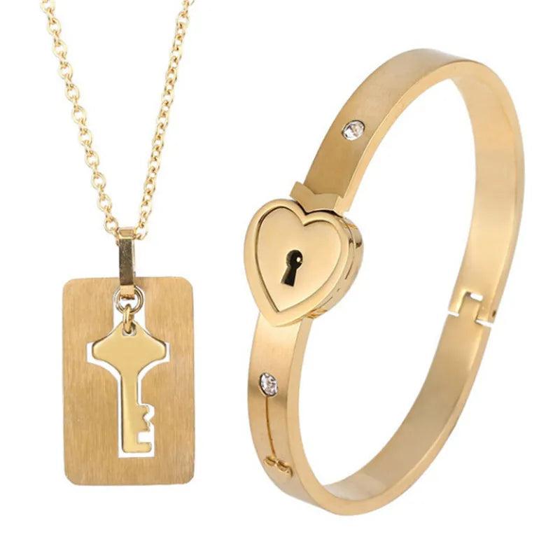 Love Heart Lock Bracelet Stainless Steel Bangles Key Pendant Necklace