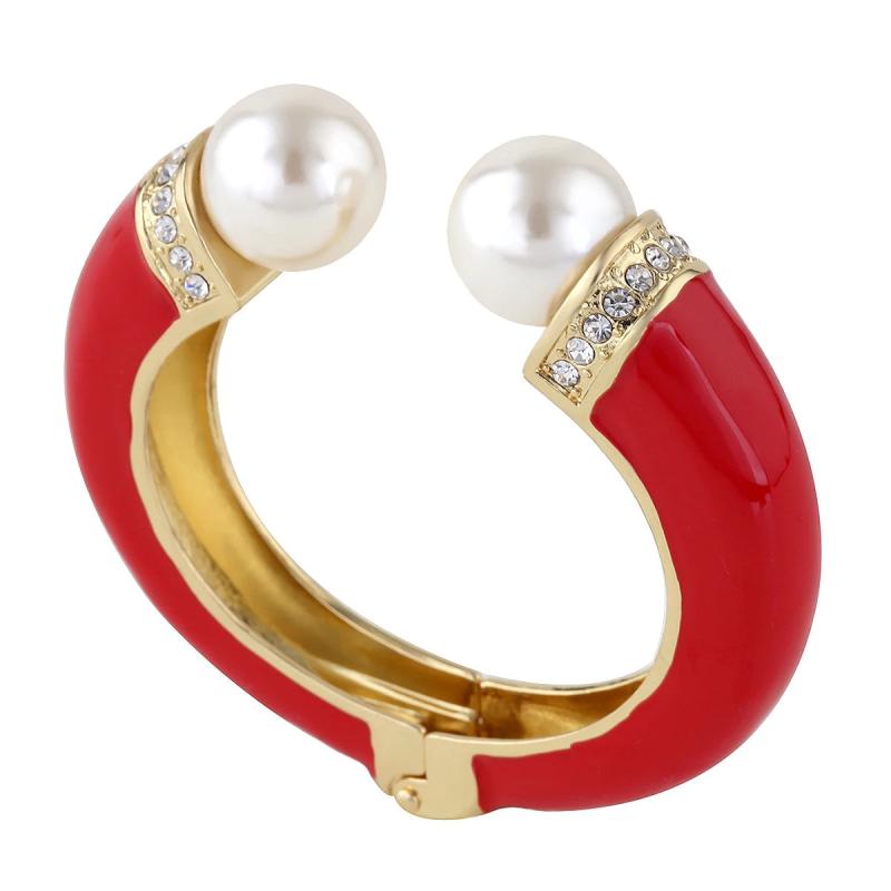 Enamel Bracelet Cuff Bangle with Synthetic Pearls