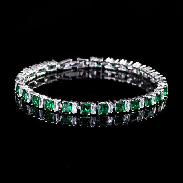 Green CZ Crystal Tennis Bangle Bracelets Silver Plated Women Wedding Jewelry