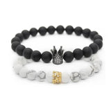 Poshfeel Cz Crown Charm Couple Bracelets Natural Stone Beaded Set