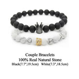 Poshfeel Cz Crown Charm Couple Bracelets Natural Stone Beaded Set