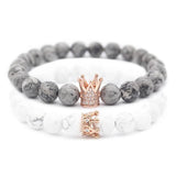 Poshfeel Cz Crown Charm Couple Bracelets Natural Stone Beaded Set
