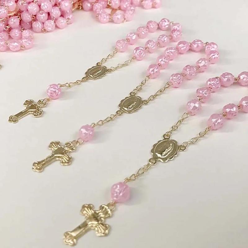10 PC Baptism Favors Pink/Silver Plated Communion Minirosaries